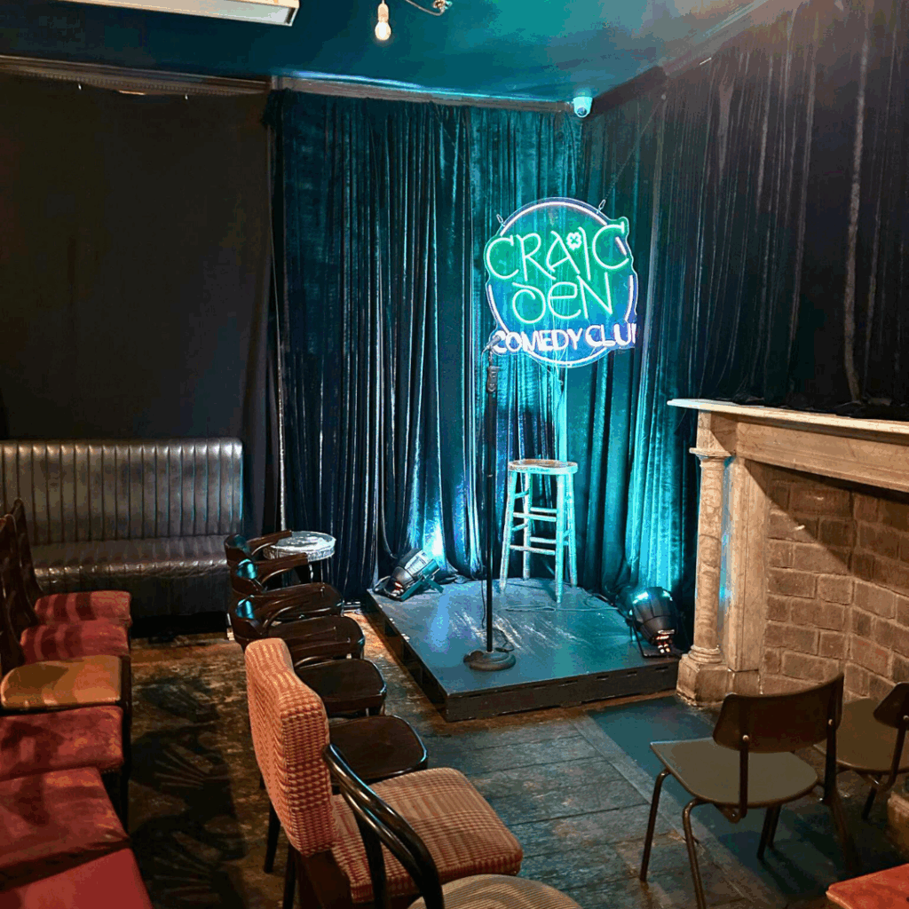 Open microphone on stage at Craic Den Comedy Club